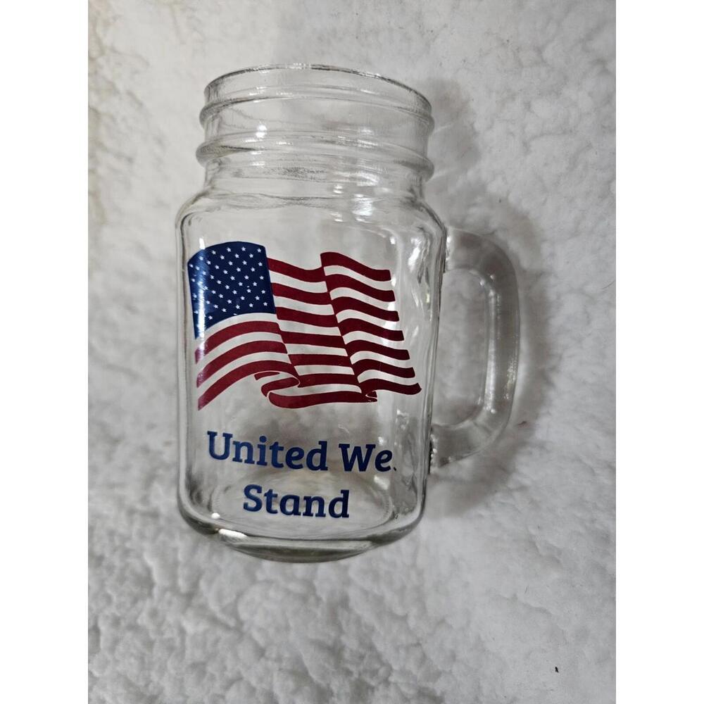Clear Mason Jar Glass United We Stand Drinking 5.5" USA Flag Patriotic Decor